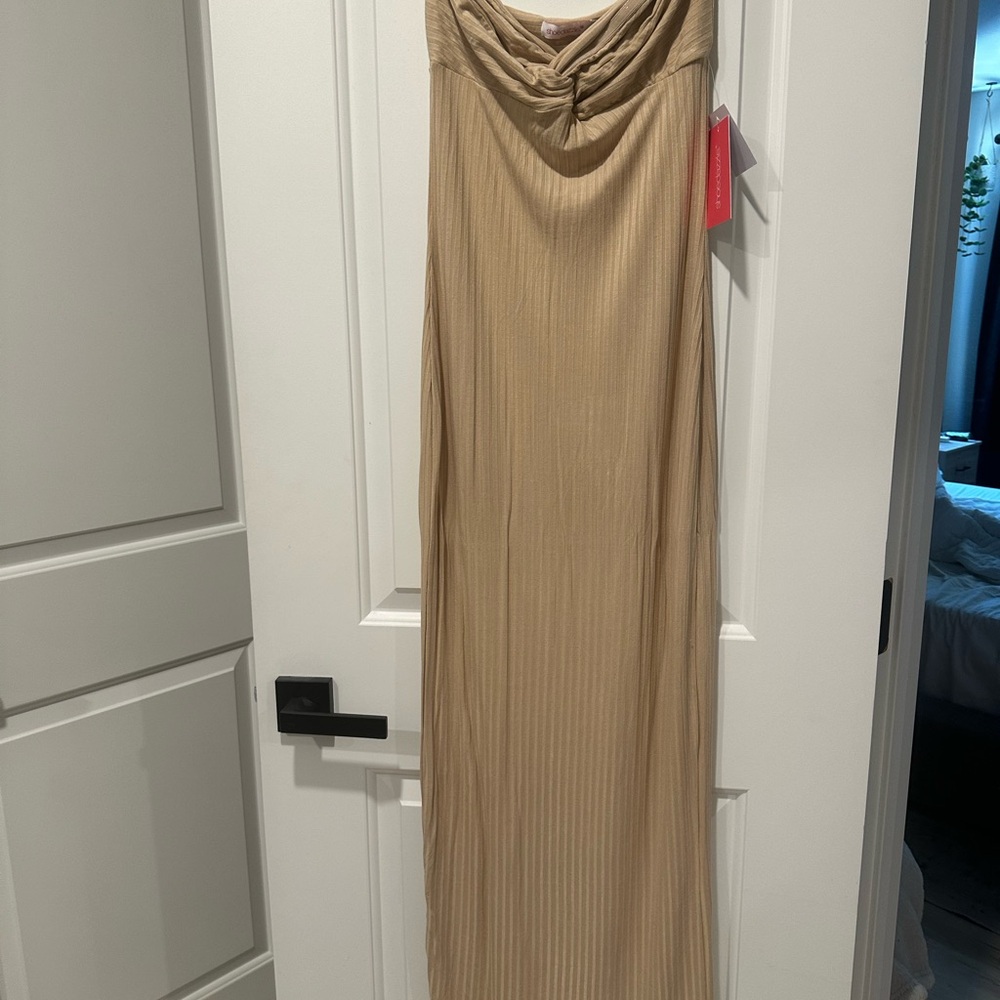 Shoe Dazzle Gold Strapless Gown with Cowl Neck for Cocktail